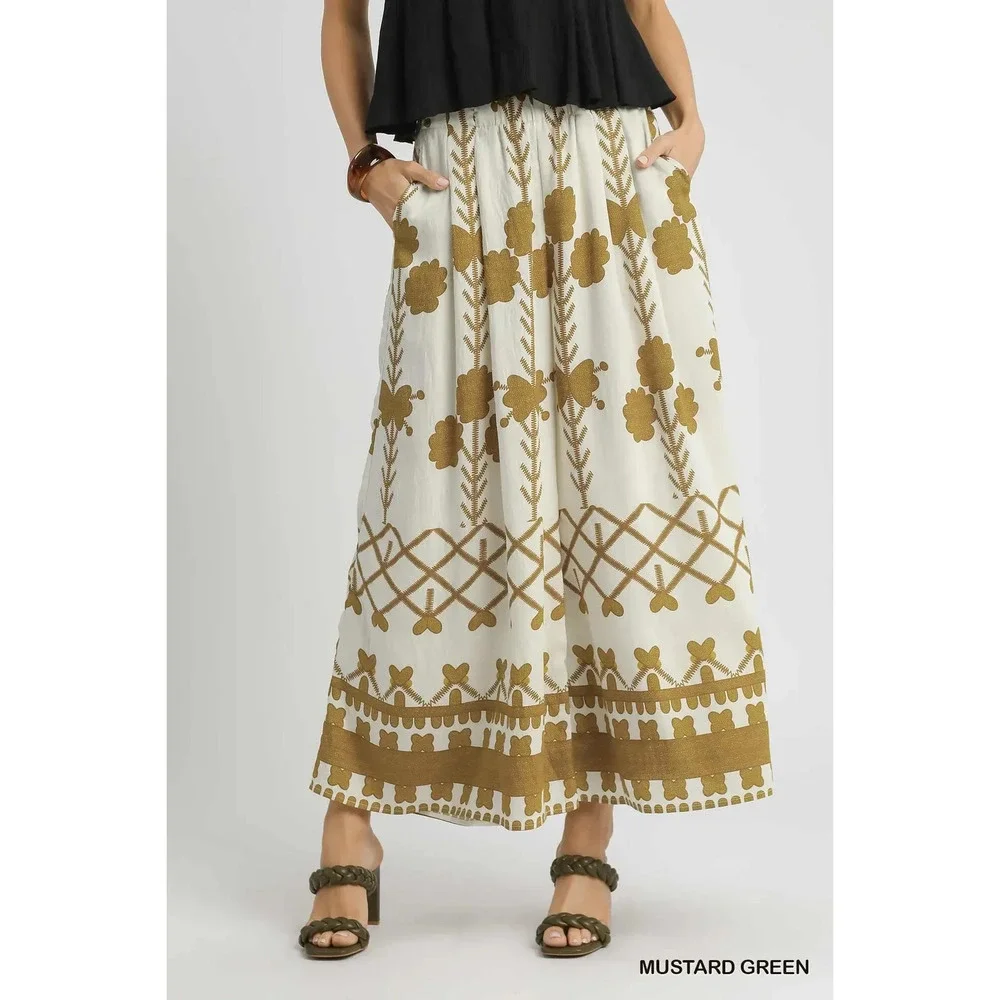 C5476 Umgee Boho Wide-Leg Printed Maxi Pants Mustard Green Various Sizes